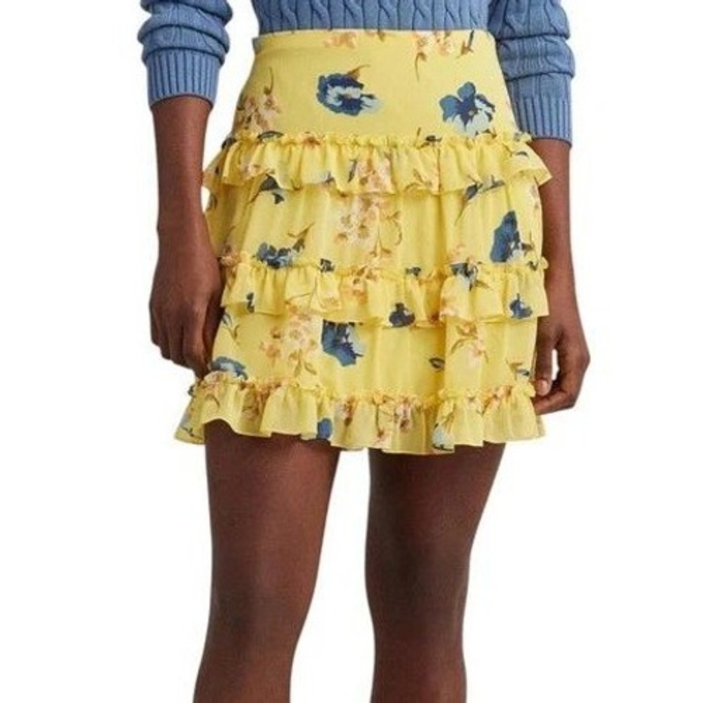 NWT Lauren Ralph Lauren Ruffle Skirt Women's 10 Yellow Polyester Floral Tiered